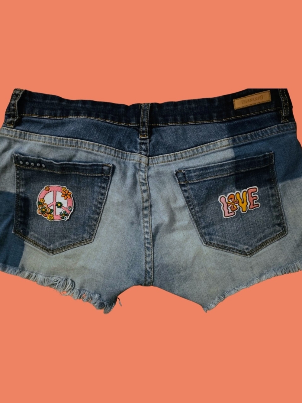 Blank NYC Blue Distressed Denim Cutoff Shorts with Mushroom Patch